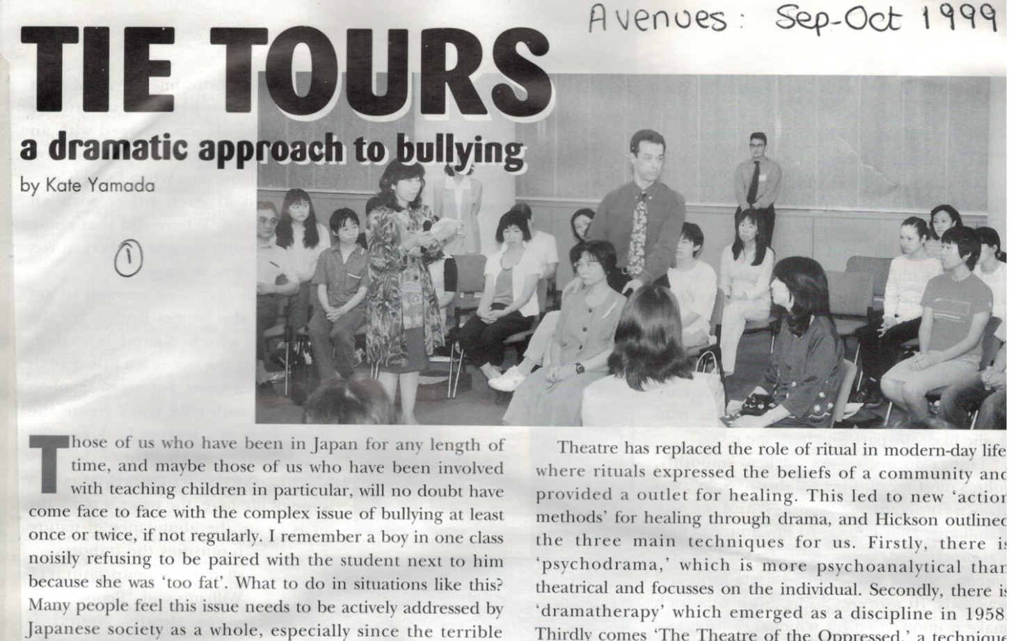 Upper portion of the 1999 Avenues magazine article TIE Tours: a dramatic approach to bullying, including a photo of Andy leading a workshop